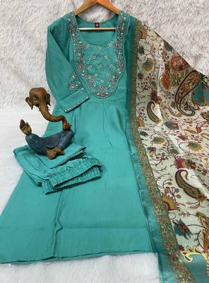Women sky green embroidered kurta set with dupatta 4