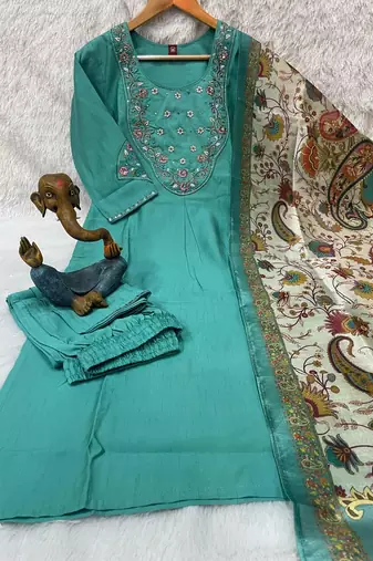 Women sky green embroidered kurta set with dupatta