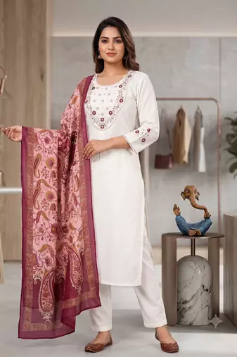Women white embroidered kurta pant set with dupatta