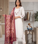 Women white embroidered kurta pant set with dupatta