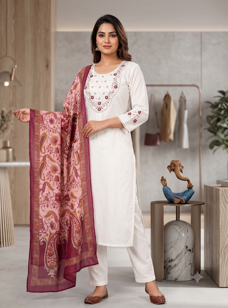 Women white embroidered kurta pant set with dupatta