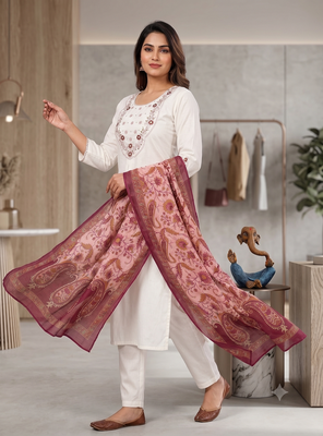 Women white embroidered kurta pant set with dupatta 2