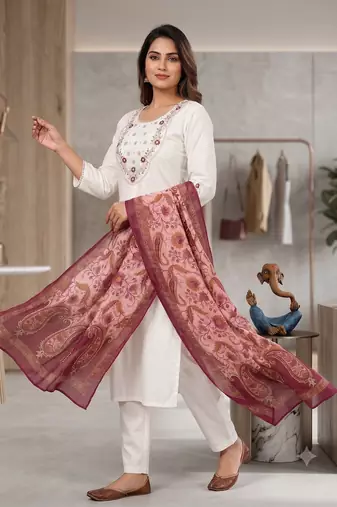 Women white embroidered kurta pant set with dupatta
