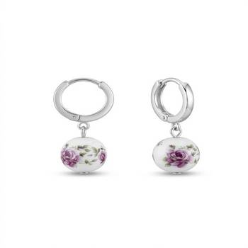925 sterling silver Vintage Rose Porcelain Drop Huggie Earrings 1