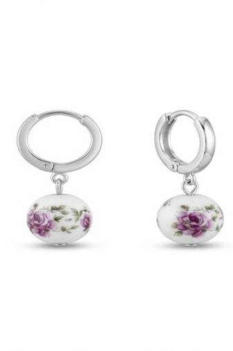 925 sterling silver Vintage Rose Porcelain Drop Huggie Earrings