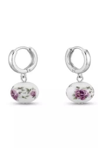 925 sterling silver Vintage Rose Porcelain Drop Huggie Earrings