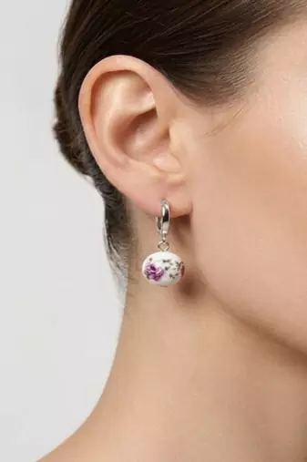 925 sterling silver Vintage Rose Porcelain Drop Huggie Earrings