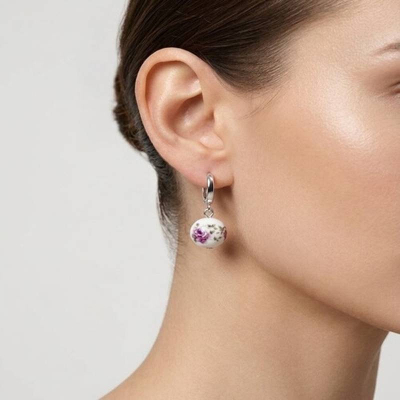925 sterling silver Vintage Rose Porcelain Drop Huggie Earrings