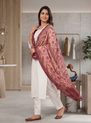 Women white embroidered kurta pant set with dupatta 3