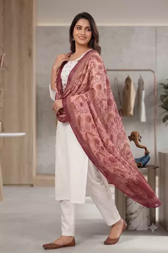Women white embroidered kurta pant set with dupatta