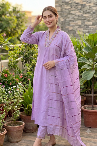 Lavender  embroidered silk kurta pant set with scalloped dupatta