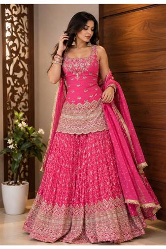 Rani pink embroidery chinnon silk blend  sharara suit set