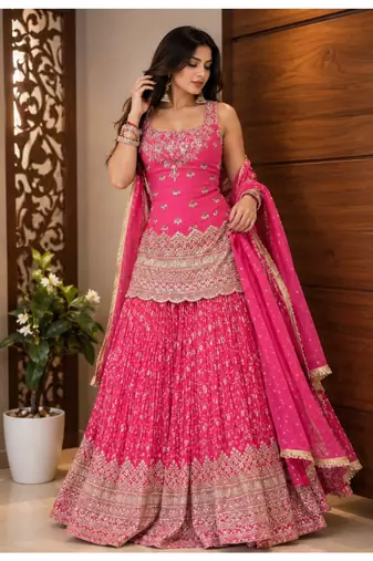 Rani pink embroidery chinnon silk blend  sharara suit set
