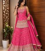 Rani pink embroidery chinnon silk blend  sharara suit set