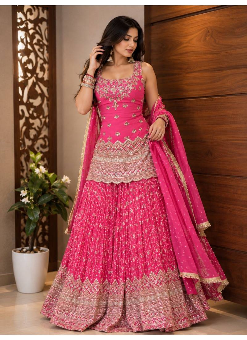 Rani pink embroidery chinnon silk blend  sharara suit set