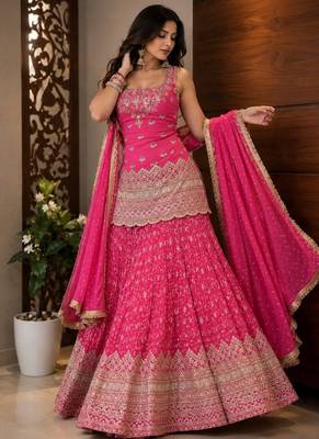 Rani pink embroidery chinnon silk blend  sharara suit set 2