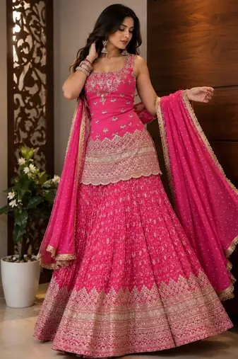 Rani pink embroidery chinnon silk blend  sharara suit set