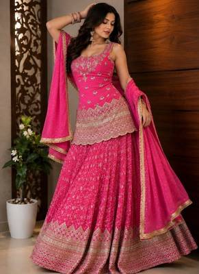 Rani pink embroidery chinnon silk blend  sharara suit set 3