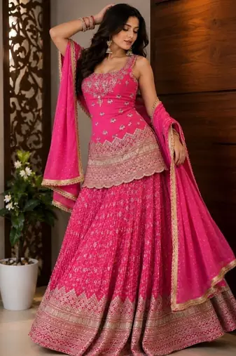 Rani pink embroidery chinnon silk blend  sharara suit set