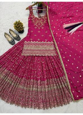 Rani pink embroidery chinnon silk blend  sharara suit set 4