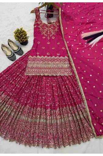 Rani pink embroidery chinnon silk blend  sharara suit set