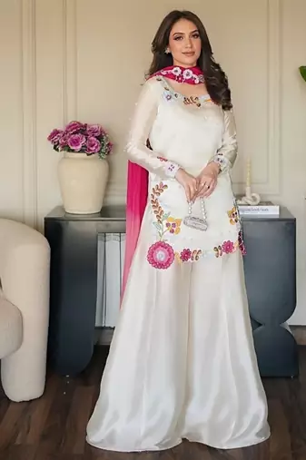 Off-white embroidery roman glass silk blend  sharara suit set