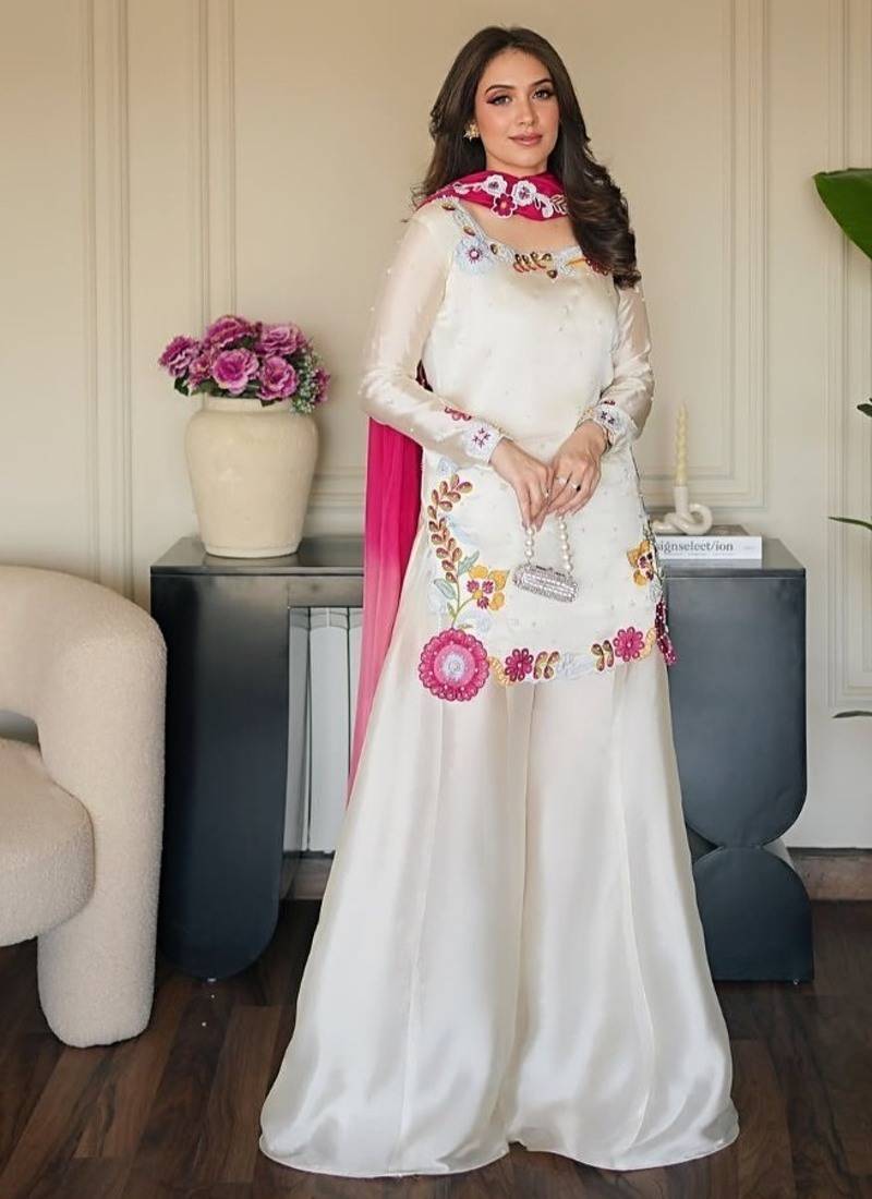 Off-white embroidery roman glass silk blend  sharara suit set