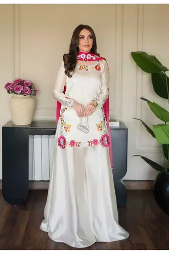 Off-white embroidery roman glass silk blend  sharara suit set