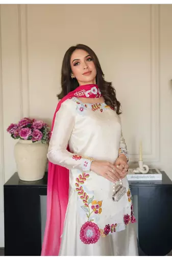 Off-white embroidery roman glass silk blend  sharara suit set