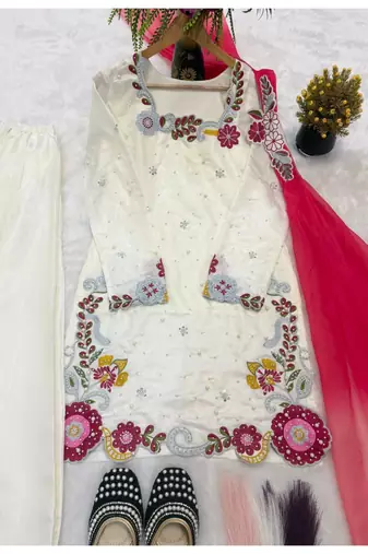 Off-white embroidery roman glass silk blend  sharara suit set
