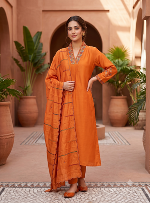 Orange silk kurta pant set with scalloped dupatta 1