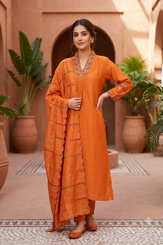 Orange  silk kurta pant set with scalloped dupatta