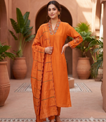 Orange  silk kurta pant set with scalloped dupatta