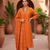 Orange  silk kurta pant set with scalloped dupatta