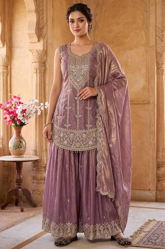 Graceful lavender embroidered sharara set with dupatta