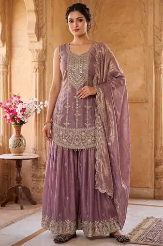Graceful lavender embroidered sharara set with dupatta