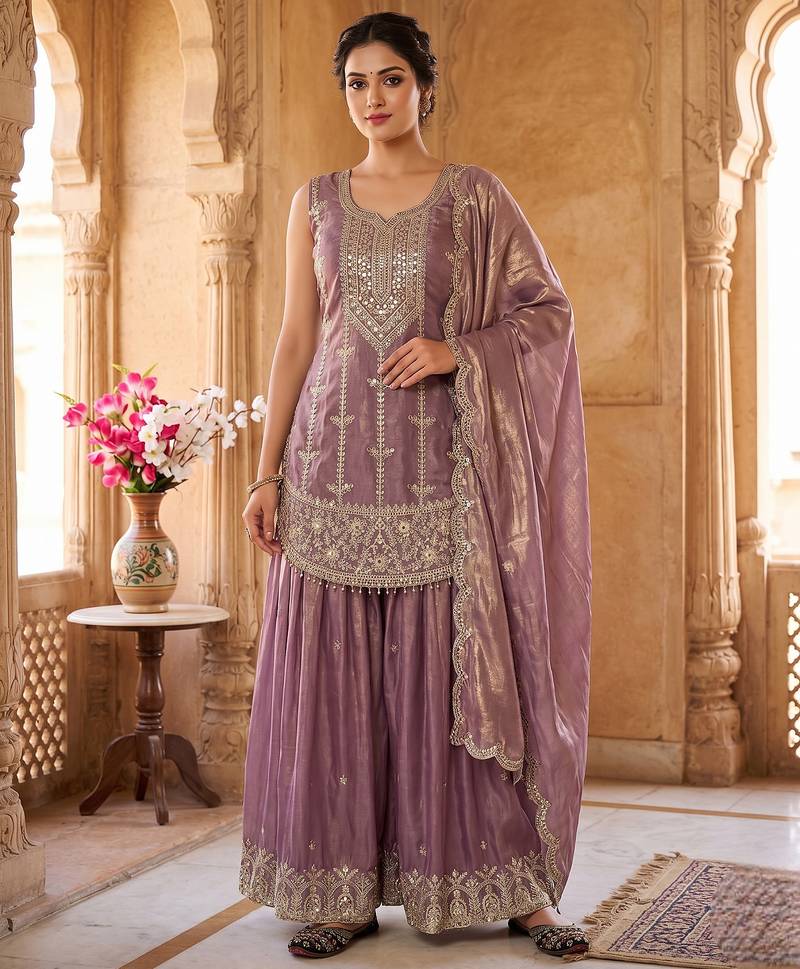 Graceful lavender embroidered sharara set with dupatta