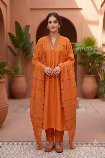 Orange silk kurta pant set with scalloped dupatta