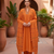 Orange  silk kurta pant set with scalloped dupatta