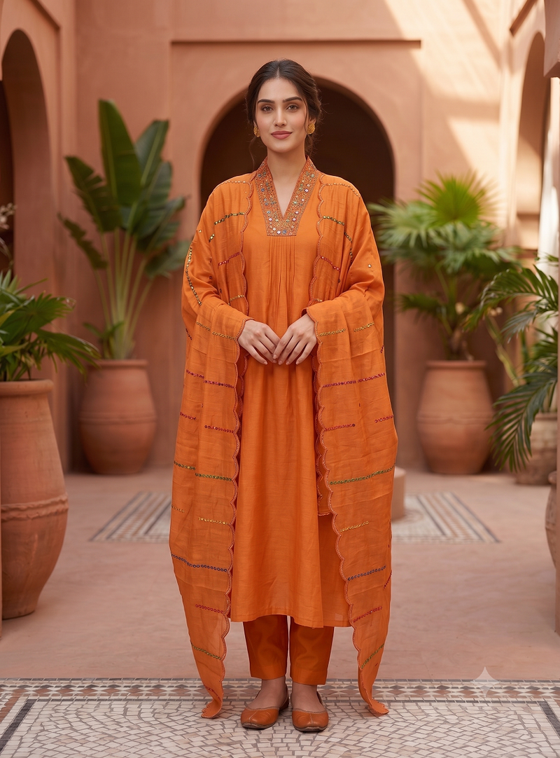 Orange  silk kurta pant set with scalloped dupatta