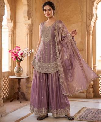 Graceful lavender embroidered sharara set with dupatta 2