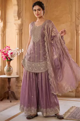 Graceful lavender embroidered sharara set with dupatta