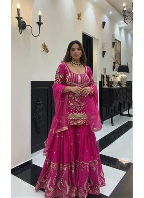 Rani pink embroidery roman glass silk blend  sharara suit set 1