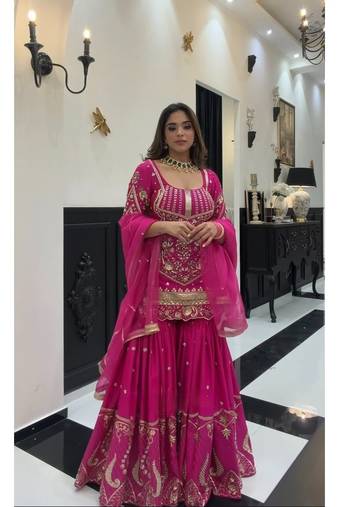 Rani pink embroidery roman glass silk blend  sharara suit set