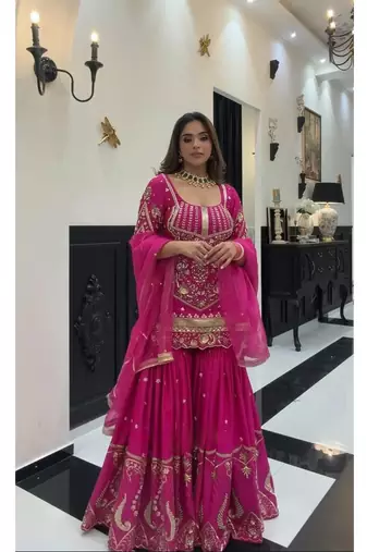 Rani pink embroidery roman glass silk blend  sharara suit set