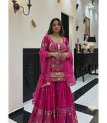 Rani pink embroidery roman glass silk blend  sharara suit set
