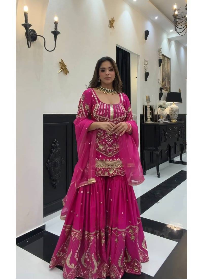 Rani pink embroidery roman glass silk blend  sharara suit set