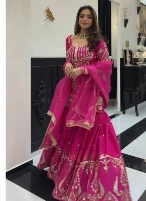 Rani pink embroidery roman glass silk blend  sharara suit set 2