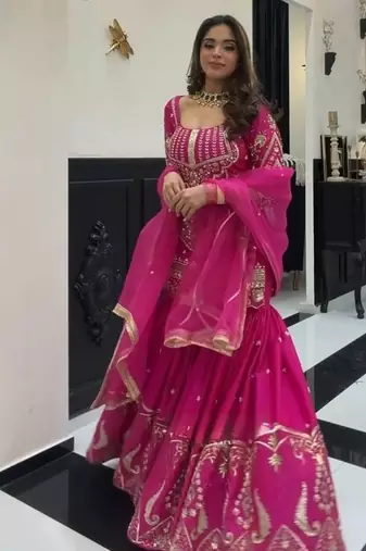 Rani pink embroidery roman glass silk blend  sharara suit set