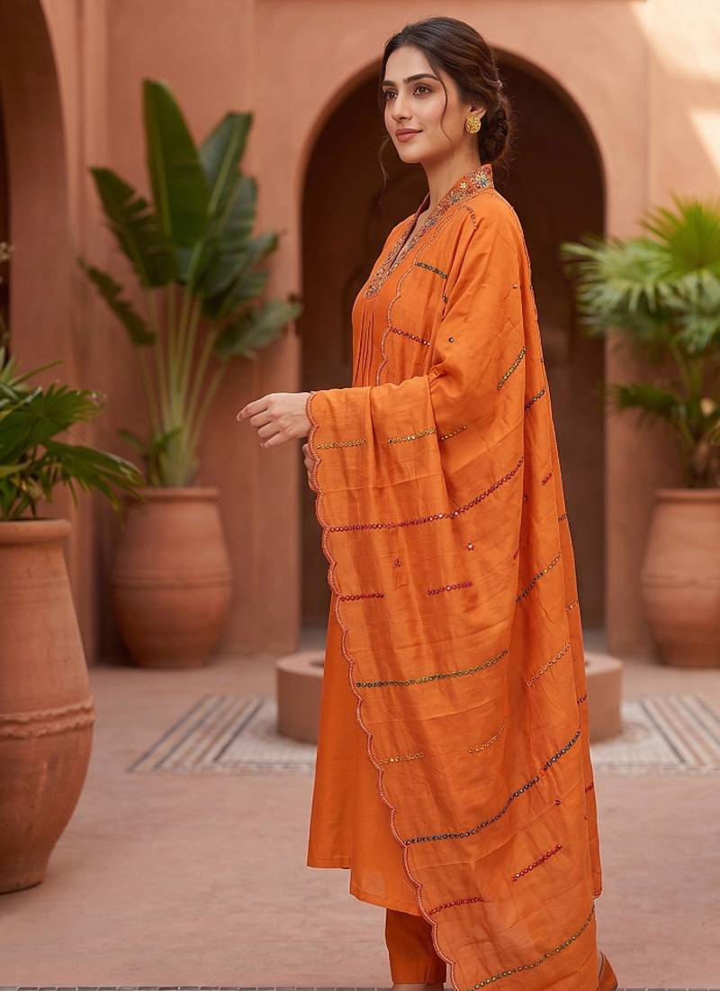 Orange  silk kurta pant set with scalloped dupatta